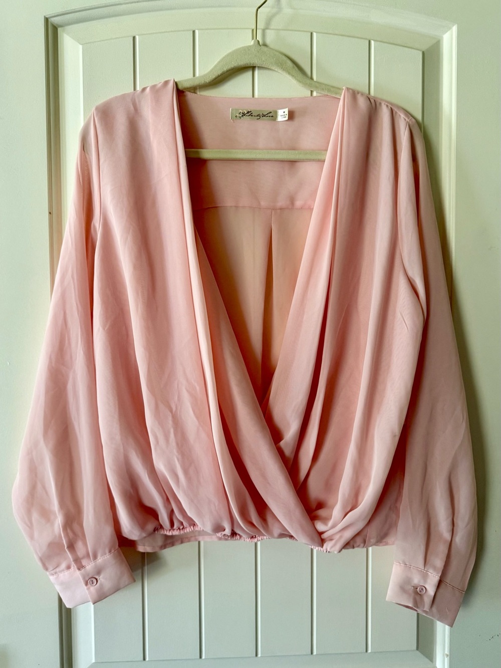 Liberty Love Blush Pink Faux-Wrap Romantic Long Sleeve Blouse